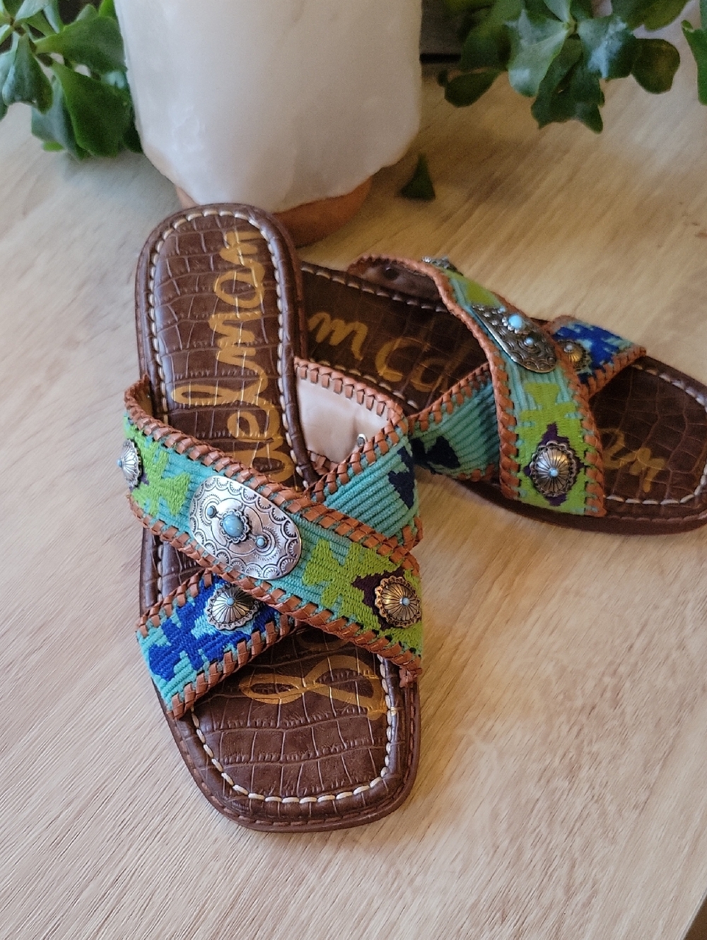 Sam Edelman HAGAN Green & Blue Embroidered Cross-Strap Slide Sandals